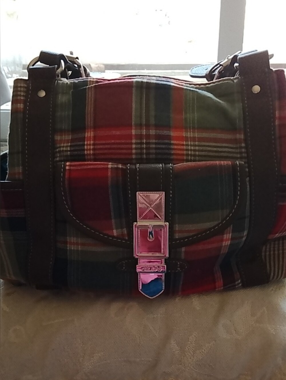 Chaps Plaid Satchel in Red, Green and Brown Trim